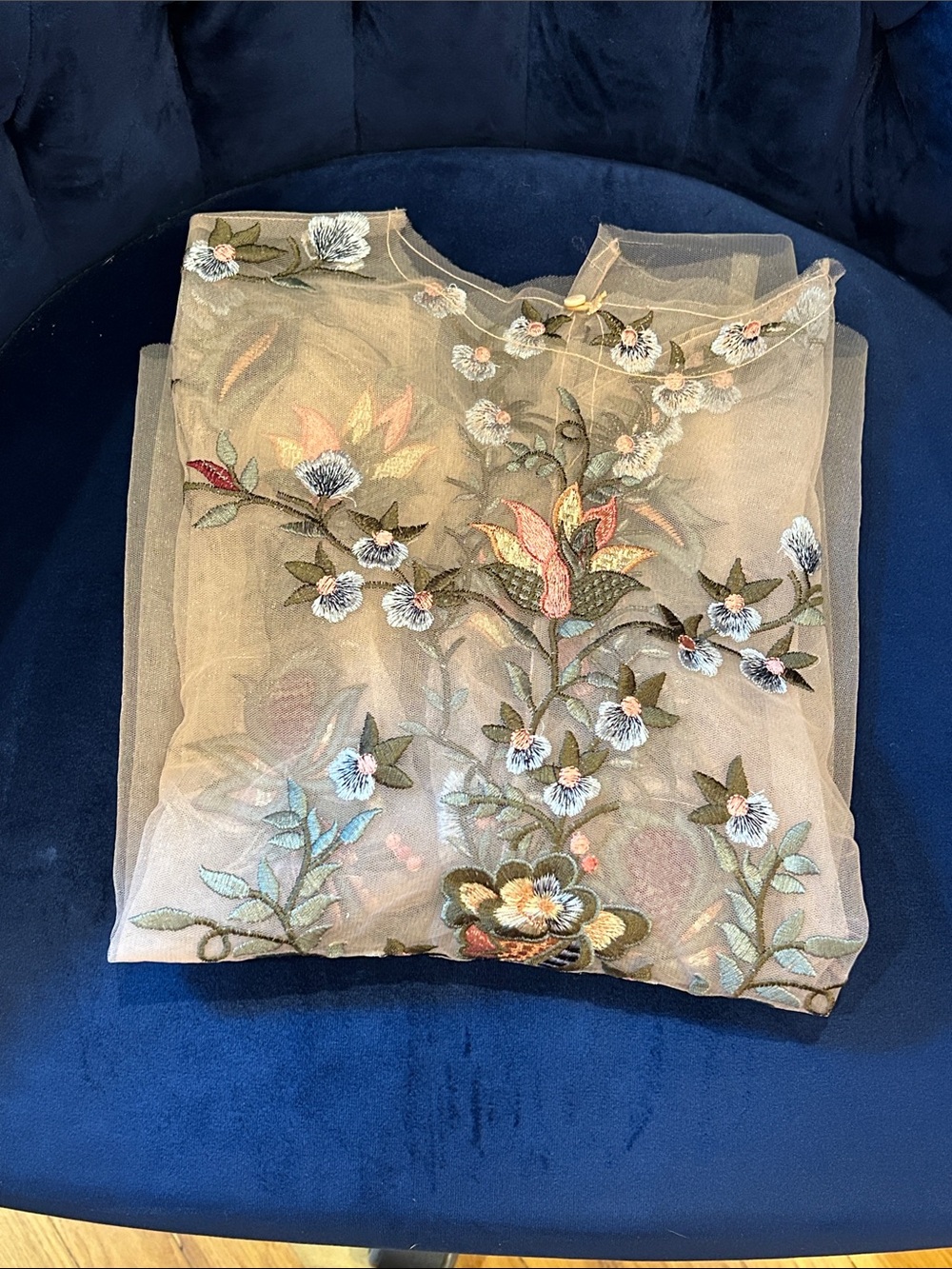 Zara Sheer Embroidered Floral Blouse - Blush with Multicolor Accents